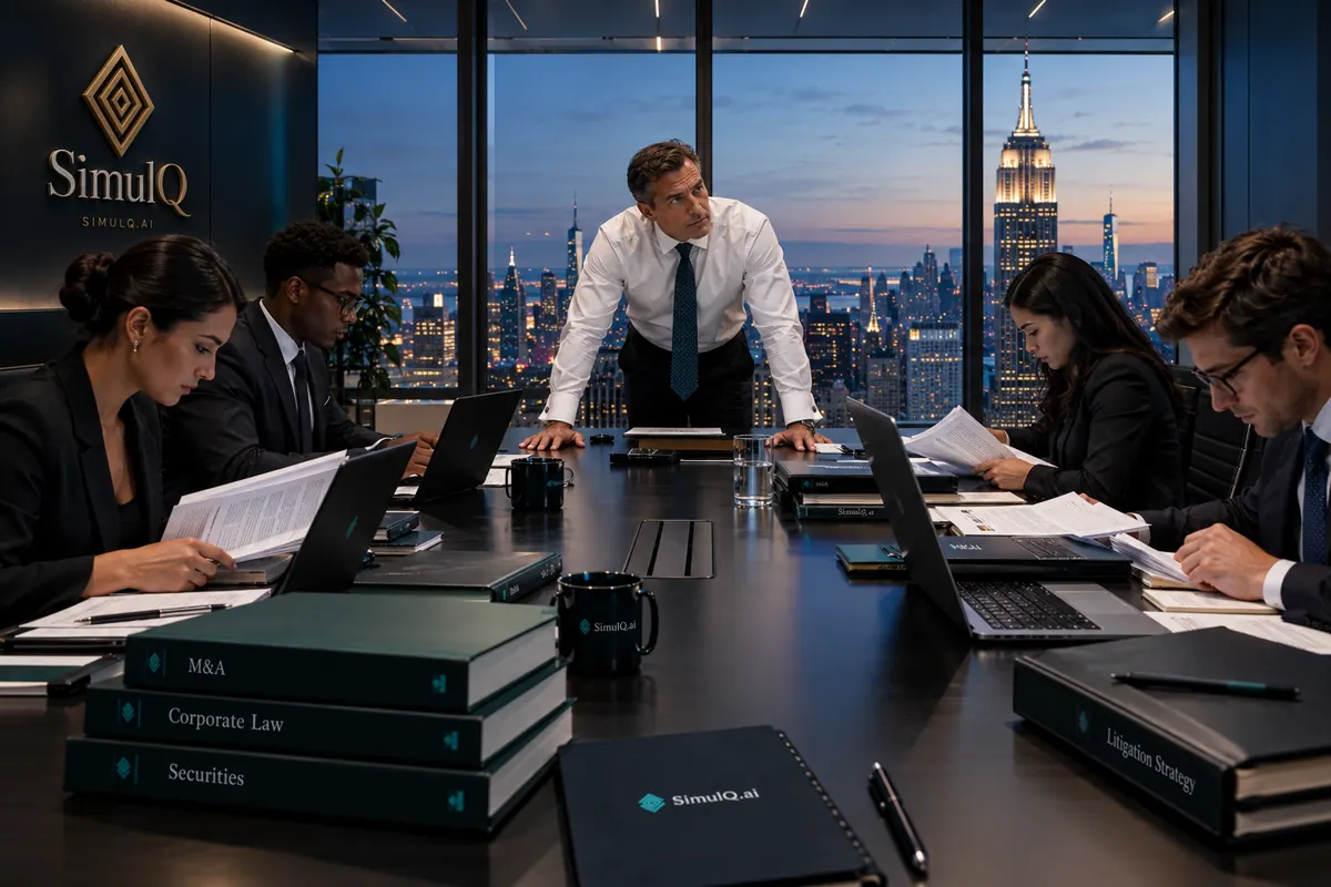A SimulQ boardroom at dusk: a legal team reviews documents and law books above a city skyline.